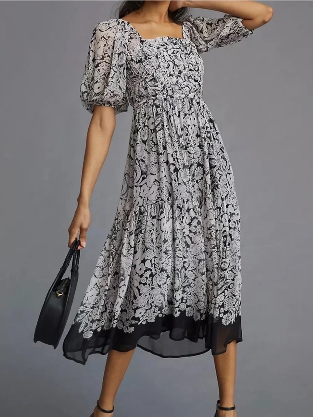 Anthropologie Black, White & Lavender Floral Smocked Midi Dress